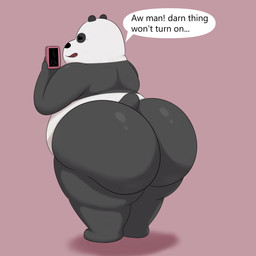 anthro belly big_butt bubble_butt butt cellphone cracked_screen dialogue dot_eyes electronics holding_object holding_phone huge_butt huge_thighs male narrowed_eyes nude open_mouth overweight overweight_anthro overweight_male phone pink_background rear_view screen shadow simple_background simple_eyes smartphone solo standing text thick_thighs colossalstars cartoon_network we_bare_bears panda_(we_bare_bears) bear giant_panda mammal 1:1 2023 absurd_res english_text hi_res