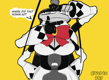 anthro big_breasts big_eyes black_body black_hair breasts clenched_teeth clothing doubt duo female grey_body hair hiding male male/female scared search standing teeth text verelo versus_(manga) anon roya_roach arthropod blattodean demon human humanoid insect mammal comic english_text hi_res