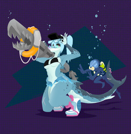 air_bubble anthro bare_shoulders bikini bikini_top blue_body blue_hair breasts claws cleavage clothed clothed_anthro clothed_female clothing diving_mask diving_suit dorsal_fin duo facial_piercing fangs female female_anthro fin finger_claws hair male mask nose_piercing nose_ring oxygen_tank piercing ponytail ranged_weapon ring_piercing rocket_launcher septum_piercing septum_ring sharp_teeth snout swimwear tail teeth two-piece_swimsuit underwater water weapon gekkorar jawlene_(herny) aquatic fish shark absurd_res hi_res