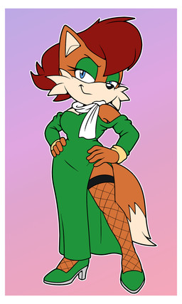 blue_eyes border brown_body brown_fur clothing dress eyelashes female footwear fur green_clothing high_heels shoes solo tail white_border sonicguru archie_comics sega sonic_the_hedgehog_(archie) sonic_the_hedgehog_(comics) sonic_the_hedgehog_(series) foxy_reynard canid canine fox mammal 3:5 hi_res