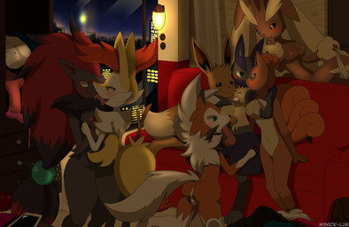 anthro anthro_on_anthro anthrofied balls blue_body blue_eyes blue_fur blush bodily_fluids brown_body brown_fur butt erection female fur genital_fluids genitals green_eyes group group_sex hair harem inner_ear_fluff kissing male male/female nude open_mouth oral oral_penetration orange_body orange_fur penetration penile penile_penetration penis pokemorph red_eyes saliva saliva_on_tongue sex smile threesome tongue tongue_out trio tuft vaginal_fluids vulva white_body white_fur winick-lim nintendo pokemon leon_(asmash4lucario) braixen canid canine dusk_lycanroc eevee generation_1_pokemon generation_4_pokemon generation_5_pokemon generation_6_pokemon generation_7_pokemon lopunny lucario lycanroc mammal pokemon_(species) vulpix zoroark 2017 digital_media_(artwork) hi_res