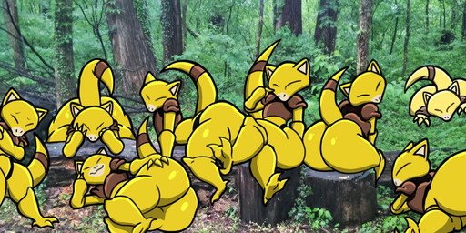 ambiguous_gender anthro big_butt butt crossed_legs eyes_closed forest group hand_on_hip head_on_hand huge_butt leaning leaning_forward leaning_over log looking_at_another looking_at_viewer looking_back looking_back_at_viewer lying on_front on_side outside peeping photo_background plant presenting presenting_hindquarters raised_tail shortstack shy sitting smile straddling tail tree tree_stump wood yellow_body hyenakenisis nintendo pokemon abra generation_1_pokemon pokemon_(species) shiny_pokemon 2025 mixed_media photography_(artwork)