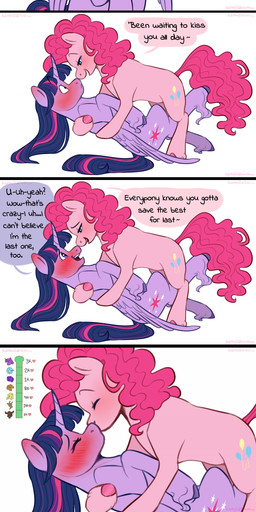 blush dialogue duo female female/female feral fetlocks hooves horn kissing meter smile text wings violetpony11 friendship_is_magic hasbro my_little_pony mythology pinkie_pie_(mlp) twilight_sparkle_(mlp) earth_pony equid equine horse mammal mythological_creature mythological_equine pony winged_unicorn absurd_res comic english_text hi_res