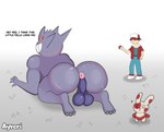all_fours ambiguous_gender anthro anus balls being_watched bodily_fluids butt claws curious dialogue feet genitals looking_at_another looking_back looking_up male on_ground open_mouth perineum pink_anus rear_view saggy_balls size_difference smile standing sweat text toe_claws y_anus ayveri nintendo pokemon red_(pokemon) generation_1_pokemon generation_3_pokemon gengar pokemon_(species) spinda english_text hi_res