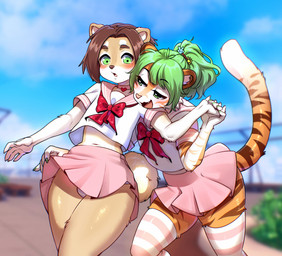 5_fingers anthro asian_clothing black_eyebrows blurred_background blush bottomwear brown_body brown_eyebrows brown_fur brown_hair brown_nose cat_smile cheek_tuft choker clothed clothing clothing_lift cloud colored_nails crossdressing crossdressing_male cute_fangs day detailed_background dipstick_tail duo east_asian_clothing eyebrows facial_tuft fangs femboy femboy/femboy fence fingers fur green_eyes green_hair green_nails hair hand_holding heart_choker heart_symbol inner_ear_fluff japanese_clothing japanese_school_uniform jewelry legwear looking_at_another male male/male markings midriff mole_(marking) nails narrowed_eyes navel necklace open_mouth open_smile orange_body orange_fur outside panties pattern_bottomwear pattern_clothing pattern_legwear pattern_panties pattern_thigh_highs pattern_underwear pink_bottomwear pink_choker pink_clothing pink_jewelry pink_legwear pink_necklace pink_nose pink_skirt pink_thigh_highs plant ponytail red_bow red_ribbon school_uniform serafuku shrub skirt skirt_lift sky smile standing striped_bottomwear striped_clothing striped_legwear striped_markings striped_panties striped_thigh_highs striped_underwear stripes tail tail_markings tan_body tan_fur teeth thigh_highs tuft underwear uniform white_body white_fur white_inner_ear_fluff viskasunya curry_(viskasunya) flaffy_(viskasunya) canid canine canis domestic_dog felid mammal pantherine shiba_inu spitz tiger 2022 hi_res