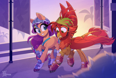ambiguous_gender armor beak blue_eyes clothing cutie_mark duo feathered_wings feathers feral folded_wings footwear fur green_eyes hair headgear helmet inline_skates long_hair markings orange_body orange_fur purple_hair raised_leg raised_tail red_body red_feathers red_wings roller_skates smile street sunset tail teeth wings thewandie hasbro mlp_g5 my_little_pony mythology fan_character hotrod_(cyadical) sunny_starscout_(mlp) avian earth_pony equid equine gryphon horse mammal mythological_avian mythological_creature pony 2024 cel_shading digital_drawing_(artwork) digital_media_(artwork) hi_res shaded
