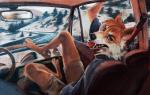 2019 absurd_res anthro blue_eyes bottomwear canid canine car clothed clothing detailed_background digitigrade driving fangs fox fur hi_res hriscia inside_car landscape looking_at_viewer looking_back looking_back_at_viewer male mammal mirror misumutt open_mouth plant seatbelt shorts sitting snow solo teeth tongue traditional_media_(artwork) tree tuft vehicle