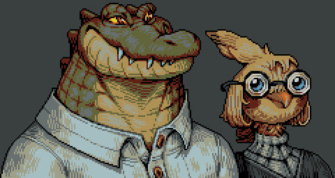 anthro beak blue_eyes clothed clothing duo eyewear feathers glasses green_body green_scales grey_background multicolored_body multicolored_scales orange_beak scales simple_background teeth topwear two_tone_body two_tone_scales yellow_body yellow_feathers yellow_sclera iuscapixel alligator alligatorid avian bird crocodilian reptile scalie 2026 absurd_res digital_media_(artwork) hi_res pixel_(artwork)