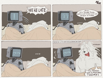 4_panel_comic anthro bed bed_sheet bedding black_nose black_text breasts dialogue duo ellipsis exclamation_point eyebrows female for_a_head fur furniture hair husband_and_wife looking_at_another lying machine male married_couple motion_lines nude on_bed on_side open_mouth screen screen_face sitting sitting_on_bed sleeping sound_effects speech_bubble talking_to_another term_of_endearment text tongue waking_up white_body white_fur white_hair white_text yawn auveiss canid canine humanoid mammal object_head robot screen_head 2026 comic english_text hi_res