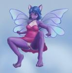 4_toes anthro behemon biped black_nose blue_background blue_eyes blue_hair breasts canid canine clothed clothing crouching deer digital_media_(artwork) dress fairy feet female fur genitals hair hi_res insect_wings looking_at_viewer mammal multicolored_body multicolored_fur purple_body purple_ears purple_fur pussy simple_background solo toes two_tone_body two_tone_fur upskirt wings