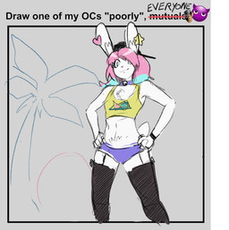 anthro backwards_baseball_cap backwards_hat baseball_cap bell bell_collar biped black_baseball_cap black_clothing black_legwear black_thigh_highs blue_eyes blue_hair bottomwear chest_tuft closed_smile clothing collar crotch_tuft hair hand_on_hip hat headgear headwear hotpants inner_ear_fluff jingle_bell jingle_bell_collar legwear long_ears low-angle_view male mouth_closed multicolored_eyes multicolored_hair pink_eyes pink_hair purple_bottomwear purple_clothing purple_hotpants purple_shorts scut_tail short_tail shorts smile solo tail text thigh_highs topwear tuft two_tone_eyes two_tone_hair yellow_clothing yellow_topwear lemonfont pb_(theycallhimcake) lagomorph leporid mallkin mammal rabbit 2023 digital_drawing_(artwork) digital_media_(artwork) english_description english_text portrait three-quarter_portrait male_(lore)