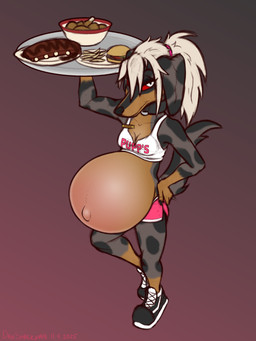 accessory anthro belly belly_blush big_belly blonde_hair blush body_blush bottomwear breasts burger chicken_meat clothing collar crop_top female floppy_ears food footwear fries gloves_(marking) hair hair_accessory hair_tie hooters_uniform hotpants huge_belly leg_markings looking_at_viewer markings meat name_tag navel outie_navel pregnant pregnant_anthro pregnant_female pupils red_sclera ribs_(food) serving_tray shirt shoes shorts slit_pupils sneakers socks_(marking) solo tank_top text tied_hair topwear waiter waitress_uniform white_eyes dansharkman hooters mythology pepper_(dansharkman) canid canid_demon canine canis dachshund demon domestic_dog hellhound hunting_dog hybrid mammal mythological_canine mythological_creature 2025 3:4 digital_drawing_(artwork) digital_media_(artwork) english_description english_text hi_res