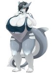 anthro big_breasts biped breasts bulging_breasts camel_toe cleavage cleavage_overflow clothed clothing female hair hair_over_eye huge_breasts one_eye_obstructed simple_background solo standing swimwear inake vern_(vernacularshark) fish marine shark absurd_res hi_res