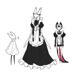 ambiguous_gender anthro armwear black_body black_tail bodily_fluids bow_ribbon clothed clothing dress elbow_gloves ellipsis exoskeleton eyes_closed female frilly frilly_clothing frilly_dress gloves group handwear horn maid_uniform mask red_eyes red_tail simple_background sweat sweatdrop tail trio uniform white_background boopie hollow_knight_(franchise) team_cherry grimmchild_(hollow_knight) hornet_(hollow_knight) the_knight_(hollow_knight) arthropod vessel_(species) absurd_res hi_res sibling_(lore)