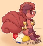 6_tails anthro ball beach_ball bell bell_collar bikini breasts chibi clothing collar female floppy_ears fur inflatable leg_markings looking_at_viewer markings multi_tail no_pupils orange_body orange_fur red_eyes ribbons side_view sitting socks_(marking) solo swimwear tail two-piece_swimsuit under_boob gingy_k_fox nintendo pokemon canid generation_1_pokemon mammal pokemon_(species) vulpix hi_res