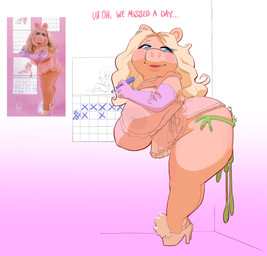 against_surface against_wall anthro balls big_breasts big_butt blonde_hair breasts butt duo extreme_size_difference female genitals hair overweight overweight_female penis puffed_cheeks size_difference whiteflagman muppets kermit_the_frog miss_piggy amphibian domestic_pig frog mammal suid suine sus_(pig) absurd_res hi_res