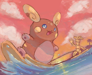 ambiguous_gender anthro blue_eyes cloud duo golden_body metallic_body open_mouth orange_body palm_tree pawpads paws plant sea sky sunset surfing tail tongue tree water dietranch nintendo pokemon alolan_form alolan_raichu generation_7_pokemon generation_9_pokemon gholdengo humanoid pokemon_(species) regional_form_(pokemon) 2025