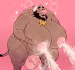 anthro beard big_breasts big_nipples black_beard black_facial_hair bodily_fluids breasts brown_body brown_fur cowbell cum ejaculation facial_hair fur genital_fluids genitals grabbing_own_breast heart_symbol horn huge_breasts lactating male male_lactation nipples nude open_mouth overweight overweight_anthro overweight_male penis pink_background pink_balls pink_nipples pink_penis saliva saliva_string simple_background solo tongue tongue_out juicestandmango mango_(juicestandmango) bovid bovine cattle mammal 2022 hi_res