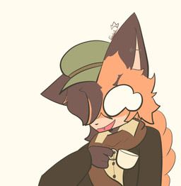 anthro bodily_fluids braided_hair clothed clothing coat coffee_cup collared_shirt container crying_laughing cup dress_shirt ear_piercing fur hair hat headgear headwear holding_object laugh long_hair male orange_body orange_fur piercing scarf shirt simple_background small_nose solo tears topwear foxiusrahhh hideko_yosuke canid canine fox mammal absurd_res digital_drawing_(artwork) digital_media_(artwork) hi_res signature