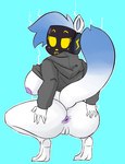 anthro anus areola big_breasts big_butt black_clothing black_hoodie black_topwear blue_hair bottomless breasts butt butt_focus butt_grab clothed clothing clothing_lift crouching cyan_background exposed_breasts female fur gaping gaping_anus genitals hair hand_on_butt hanging_breasts hoodie hoodie_lift hoodie_only huge_breasts huge_butt huge_hips huge_thighs looking_at_viewer looking_back machine nipples overweight overweight_female presenting presenting_hindquarters protogen_visor purple_areola purple_nipples purple_pussy pussy raised_clothing raised_hoodie raised_topwear simple_background solo spread_butt spreading thick_thighs topwear topwear_only white_body white_fur wide_hips yiwol evo_cyber_mink_(oc) mammal mink mustelid musteline protogen true_musteline hi_res