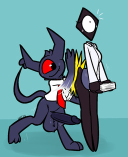 1_eye 2_horns 3_fingers 3_toes ambiguous_gender balls big_balls big_butt big_penis black_eyes blue_background blush blush_lines bottomless bottomwear bouncing_butt butt butt_slap clothed clothing cute_fangs digitigrade duo erection fangs featureless_feet feet fingers floating_head fur genitals grey_balls grey_body grey_bottomwear grey_clothing grey_fur grey_hair grey_horn grey_penis grey_skirt hair holding_object holding_paper horn humanoid_genitalia humanoid_penis male male/ambiguous miniskirt motion_lines necktie paper penis red_necktie red_sclera shirt simple_background skirt slap smile snaggle_tooth spade_tail spanking surprised tail teeth toes topwear white_clothing white_shirt white_topwear ultilix krylon_(nylonhellhole) prisma_(fr0gv0re) demon shape_head unknown_species 2023 hi_res