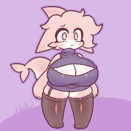 anthro big_breasts biped blush blush_lines breasts cleavage clothed clothing eyebrows eyelashes female fin fingers front_view hair legwear non-mammal_breasts pink_body purple_background raised_inner_eyebrows simple_background solo tail topwear matz_(pixiv) fish marine shark 1:1 2024 aliasing digital_drawing_(artwork) digital_media_(artwork) hi_res signature