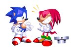 annoyed anthro black_eyes blue_body blue_fur clothing duo eyes_closed footwear fur gloves grin handwear laugh male shoes simple_background smile sneakers socks spikes spikes_(anatomy) tail teeth white_background white_clothing white_gloves white_handwear lumspark classic_sonic_(universe) sega sonic_the_hedgehog_(series) classic_knuckles classic_sonic knuckles_the_echidna sonic_the_hedgehog echidna eulipotyphlan hedgehog mammal monotreme 2021