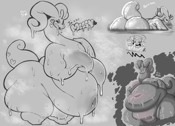 antennae_(anatomy) anthro belly big_belly big_breasts big_butt breasts butt female fupa half-closed_eyes heart_symbol holding_breast huge_butt long_neck narrowed_eyes navel nipples obese obese_anthro obese_female overweight overweight_anthro overweight_female partially_submerged slime solo standing tail text wet iliekbuttz nintendo pokemon generation_6_pokemon goodra pokemon_(species) english_text hi_res monochrome signature