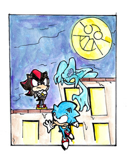 anthro black_body black_fur blue_body clothing footwear fur gloves group handwear male trio water toongrowner sega sonic_adventure sonic_the_hedgehog_(series) chaos_(sonic) shadow_the_hedgehog sonic_the_hedgehog eulipotyphlan hedgehog mammal absurd_res hi_res painting_(artwork) traditional_media_(artwork) traditional_painting_(artwork) traditional_watercolor_(artwork) watercolor_(artwork)