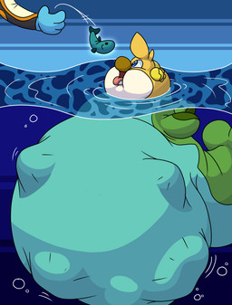 ambiguous_gender belly big_belly blue_eyes blue_hands bubble dolphin_tail duo feral feral_pred huge_belly open_mouth sea struggling struggling_prey tail underwater vore water weight_gain white_belly yellow_body yellow_tail nemo aquatic cetacean dolphin mammal toothed_whale 2026 hi_res