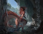 anthro big_breasts big_butt breasts butt detailed_background female holding_breast holding_butt looking_at_viewer looking_back outside rear_view river solo thick_thighs three-quarter_view waterfall wet wide_hips conditional_dnp reddyrennard lyn_(brodymoonie) mammal pangolin digital_media_(artwork) digital_painting_(artwork) hi_res painting_(artwork)