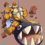 anthro clothing hand_sign male muscular muscular_male solo speedo spikes swimwear wrecking_ball neofi mario_bros nintendo bowser chain_chomp koopa reptile scalie turtle 1:1 hi_res