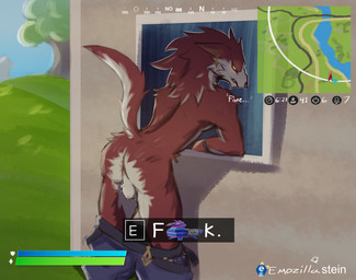 anthro anus backsack balls bottomwear bottomwear_down butt clothed clothing creative_censorship dialogue ear_piercing ear_ring fluffy fur gameplay_mechanics genitals gui health_bar imminent_sex looking_at_viewer looking_back male map markings pants pants_down partially_clothed piercing pink_anus presenting presenting_anus presenting_hindquarters profanity public red_body red_fur ring_piercing solo stamina_bar text topless topless_male underbelly white_markings emozillastein epic_games fortnite lycan_west_(fortnite) canid mammal censored digital_media_(artwork) english_text hi_res signature