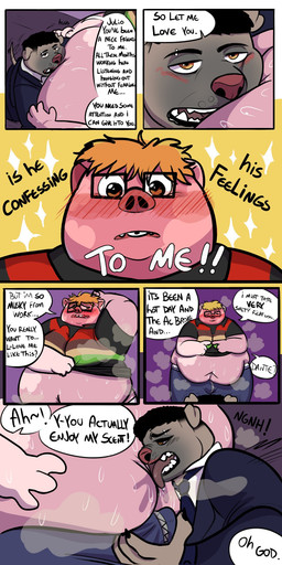 anthro belly belly_overhang bodily_fluids comic_panel dialogue duo erection licking lying male male/male mall musk navel navel_fetish nerd obese obese_anthro obese_male on_front overweight overweight_anthro overweight_male security security_guard smile speech_bubble sweat sweatdrop sweaty_pig_comic text tongue lobi_top canid canine canis domestic_dog domestic_pig mammal pit_bull suid suine sus_(pig) 1:2 comic cover cover_art cover_page english_text hi_res