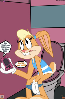 anthro awkward bathroom cellphone clothed clothing clothing_lift dialogue dress dress_lift electronics female panties panties_down partially_clothed phone phone_call pooping pooping_in_toilet public_restroom qr_code restroom_stall sitting sitting_on_toilet smartphone solo toilet toilet_use underwear underwear_down thedispenser69 looney_tunes the_looney_tunes_show warner_brothers lola_bunny lagomorph leporid mammal rabbit hi_res