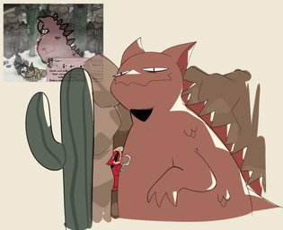 ambiguous_gender back_spikes biped bipedal_feral cactus duo feral fur hook jagged_mouth larger_ambiguous larger_feral pinned pinned_by_belly pinned_to_wall plant red_body red_ears red_fur red_scales restrained scales size_difference smaller_ambiguous smaller_feral smile spikes spikes_(anatomy) standing valkenite mewgenics gein_(mewgenics) pyrophina_(mewgenics) dinosaur domestic_cat felid feline felis kaiju mammal prehistoric_species reptile scalie 2026 colored digital_media_(artwork) hi_res reference_image