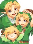 blonde_hair blue_eyes child clothing ear_piercing ear_ring elf fingerless_gloves gloves group hair hand_on_head handwear humanoid humanoid_pointy_ears hylian karatou_(artist) light_body light_skin link male nintendo not_furry ocarina_of_time open_mouth open_smile piercing ring_piercing shirt simple_background smile square_crossover the_legend_of_zelda toon_link topwear trio tunic wind_waker young young_link