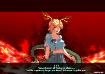antlers blonde_hair blue_clothing blue_shirt blue_topwear bottomwear breasts button_prompt clothed clothed_female clothed_humanoid clothing collarbone colored_nails ear_piercing female female_humanoid fingernails gameplay_mechanics green_tail grey_bottomwear grey_clothing grey_skirt hair horn long_fingernails looking_at_viewer midriff nails nipple_outline open_mouth piercing pleated_skirt red_eyes red_fingernails red_nails sharp_fingernails sharp_nails shell shirt short_hair skirt solo standing tail tail_tuft text topwear tuft yellow_antlers sleepymoon mythology touhou yachie_kicchou animal_humanoid dragon dragon_humanoid eastern_dragon eastern_dragon_humanoid humanoid mythological_creature mythological_scalie scalie absurd_res alternate_version_at_source english_text hi_res portrait three-quarter_portrait