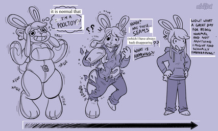 anthro barefoot bottomwear breasts clothing dialogue directional_arrow feet female hair hair_bun holidays hoodie inanimate_to_anthro inflatable nozzle_on_belly pants permanent_smile pool_toy seam_(sewing) simple_background smile solo standing tail text thought_bubble topwear transformation keffotin april_fools'_day animate_inanimate lagomorph leporid living_inflatable mammal rabbit 2025 digital_media_(artwork) english_text sequence