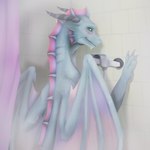 bathing blush body_pattern bone_frill claws female feral frill_(anatomy) green_eyes grey_body grey_scales horn membrane_(anatomy) membranous_wings paws pink_frill purple_frill scales shower showering solo wet wet_body wings pokemoha angels_with_scaly_wings mythology naomi_(awsw) dragon mythological_creature mythological_scalie scalie 1:1 hi_res