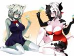 alcohol beverage big_breasts black_hair black_spots blue_eyes blush breasts cleavage clothed clothing dress duo eyewear female fur glasses hair heterochromia horn kemono legwear multicolored_hair one_eye_closed spots stockings two_tone_hair white_body white_clothing white_fur white_hair white_legwear white_stockings hoshicchi las_lindas alejandra_coldthorn hashimoto-chan bovid bovine cattle domestic_cat felid feline felis holstein_friesian_cattle mammal digital_media_(artwork) shaded