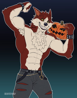anthro armpit_hair armpit_tuft body_hair bottomwear chest_tuft clothing fluffy fluffy_chest food fruit jack-o'-lantern male multicolored_body muscular muscular_anthro muscular_male pants plant pumpkin scar solo tuft edbwolf epic_games fortnite mythology lycan_west_(fortnite) canid canine mammal mythological_canine mythological_creature werecanid werecanine werecreature werewolf absurd_res hi_res