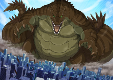 anthro biceps big_tail building city city_destruction cityscape claws destruction detailed_background dust finger_claws green_body green_eyes looking_at_viewer macro macro_anthro macro_male male nude open_mouth outside pecs rampage solo tail teeth tongue shikizshigls carnak_(carpo) crocodile crocodilian reptile scalie hi_res