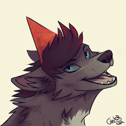 ambiguous_gender black_nose blue_eyes brown_hair cheek_tuft clothing eyebrows facial_tuft fangs feral feral_with_hair fur grey_body grey_fur grey_sclera hair hat headgear headwear looking_at_viewer multicolored_hair neck_tuft open_mouth open_smile party_hat red_clothing red_hair red_hat red_headwear simple_background smile solo teeth tongue tuft two_tone_hair whiskers unknowhiter canid canine canis domestic_dog mammal 1:1 2015 bust_portrait digital_drawing_(artwork) digital_media_(artwork) icon portrait shaded signature