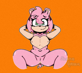 accessory anthro anus_peek bent_legs female flat_chested fur hair_accessory hairband hands_behind_head multi_nipple nipples nude pink_body pink_fur smile solo spread_legs spreading tail tail_motion tailwag tan_body tan_fur divinitydivision sega sonic_the_hedgehog_(series) amy_rose eulipotyphlan hedgehog mammal hi_res