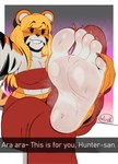 5_toes anthro barefoot blonde_hair blush bodily_fluids body_blush bottomwear breasts camera_view caption claws cleavage close-up clothed clothing countershade_feet countershading feet female foot_blush foot_fetish foot_focus foreshortening fur hair humanoid_feet long_toenails looking_at_viewer midriff nails navel orange_body orange_fur pants perspective plantigrade raised_foot red_bottomwear red_clothing red_pants red_topwear red_tube_top selfie showing_feet sitting smile smiling_at_viewer soles solo striped_body striped_fur stripes sweat sweatdrop sweaty_feet text toe_claws toenails toes topwear tube_top white_body white_fur white_soles velveteksotica shunchun_(the-urban-tiger) felid mammal pantherine tiger 2024 absurd_res english_text hi_res