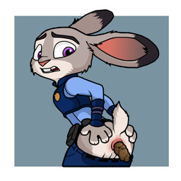 4_fingers anthro anus badge belt black_belt black_claws black_ear_tips black_ears black_eyebrows blue_background blue_bottomwear blue_clothing blue_pants blue_shirt blue_topwear blue_vest border bottomwear bottomwear_down breasts buckteeth butt claws clothed clothed_anthro clothed_female clothing countershading dipstick_ears ear_markings eyebrows feces female female_anthro female_pooping finger_claws fingers fur genitals glistening glistening_eyes grey_body grey_ears grey_fur grey_tail head_turned humanoid_genitalia humanoid_vulva leaning leaning_forward long_sleeves looking_back markings multicolored_body multicolored_ears multicolored_fur open_mouth pants pants_down partially_clothed pink_anus pink_inner_ear pink_nose police police_officer police_uniform pooping pupils purple_eyes scut_tail shirt short_tail simple_background small_breasts snout solo spread_butt spreading standing tail teeth topwear two_tone_body two_tone_ears two_tone_fur two_tone_tail uniform utility_belt vest vulva white_body white_border white_fur white_tail white_vulva sim_son disney zootopia judy_hopps lagomorph leporid mammal rabbit 1:1 2026 absurd_res hi_res
