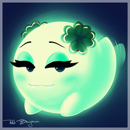 bedroom_eyes clover_(plant) clover_leaf cute_fangs duo fangs female four_leaf_clover leaf looking_at_viewer narrowed_eyes not_furry plant seductive teeth wiggle sirredbenjamin mario_bros nintendo paper_mario lady_bow boo_(mario) ghost spirit waddling_head hi_res
