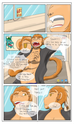 abs angry anthro blue_body brown_body brown_ears brown_fur clothing coat cross-popping_vein detailed_background dialogue duo fur green_hair hair male muscular muscular_anthro muscular_male open_mouth pecs ponytail sharp_teeth sign speech_bubble tan_body tan_skin teeth text topwear yawn assassinfenrir mythology drasheen_hoimura quong_qi dragon eastern_dragon haplorhine mammal monkey mythological_creature mythological_scalie primate scalie comic english_text hi_res shaded