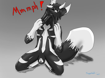 black_body gag gagged male multicolored_body null_bulge struggling tail teasing white_body riggedreded marvel venom_(marvel) symbiote 2023 4:3 hi_res